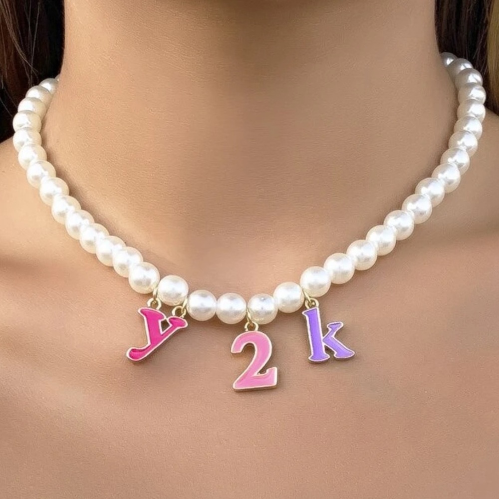 Super Cute Y2K Pink Purple & Gold Pendant Charms Year 2000 Pearls Pearl Necklace